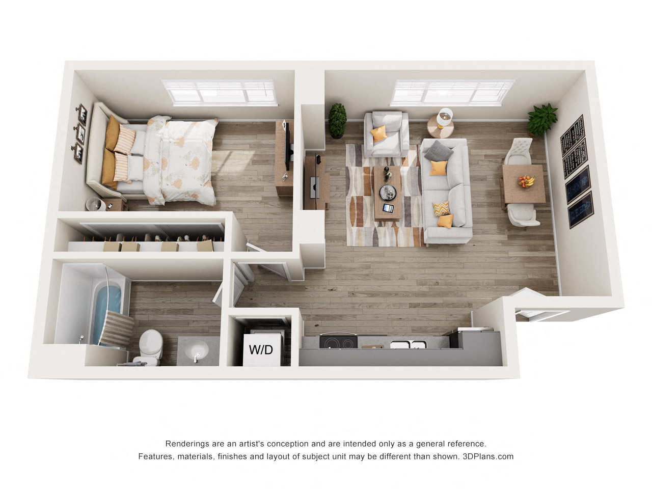 Floor plan for 1 bed, 1 bath, 672 sqft
